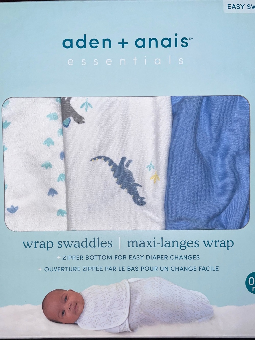 Aden + Anais Blue and White Dino Wrap Swaddles - 3 Pack